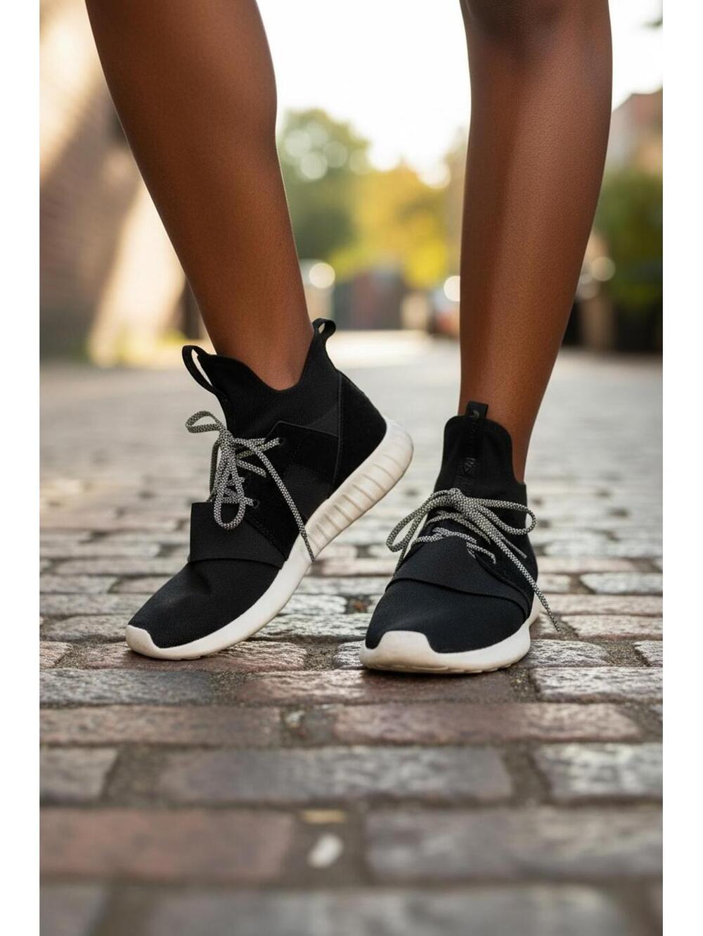 Black Men's Sneakers with White Sole and Reflective Laces